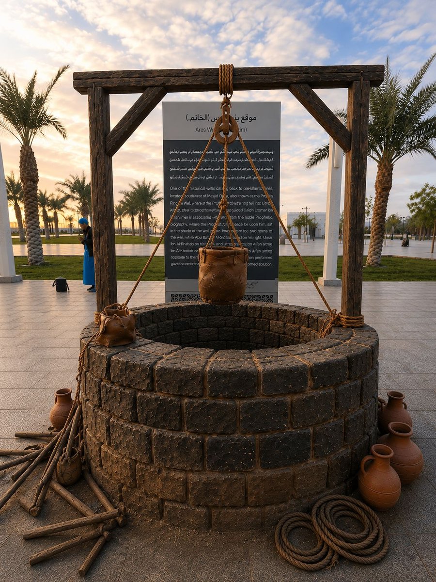 Bir Ghars reconstructed well with wooden pulley frame in the Al-Awali district of Madinah
