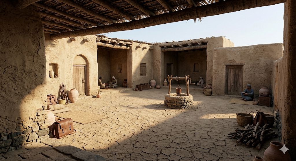Saqifah-style courtyard with well, pottery, and seated figures — heritage reconstruction