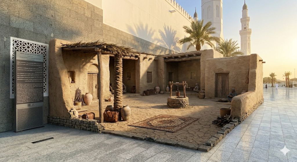 Outdoor heritage reconstruction next to a historic Madinah mosque at sunset