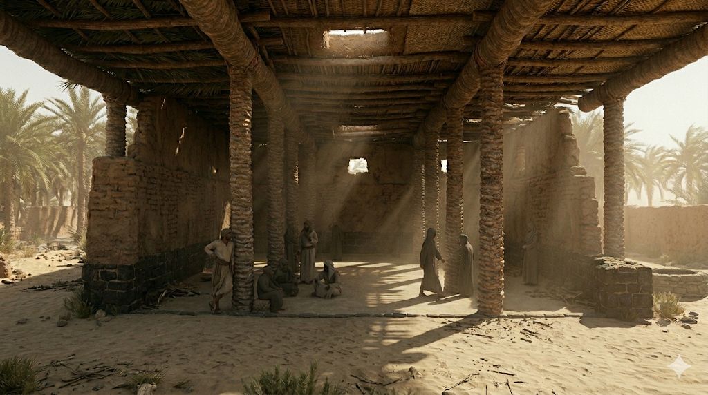As-Suffah reconstruction interior with palm-trunk pillars and light beams